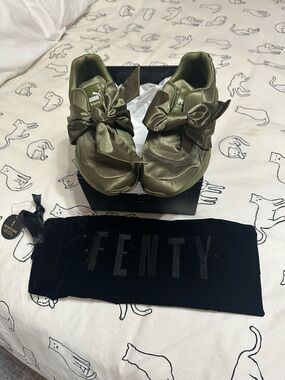 Puma Olive Green Satin Bow Sneakers with original box